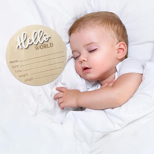 Wooden Hello World Baby Announcement Sign - 5.9 Inch Birth Stats Prop