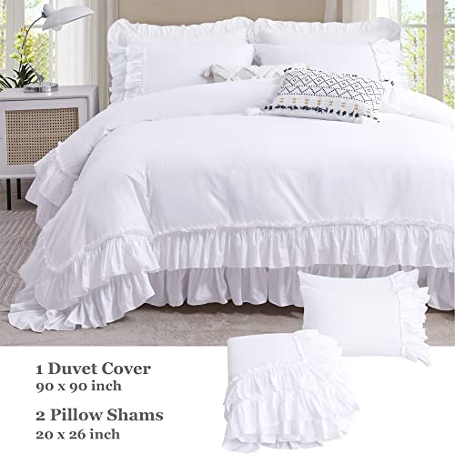 Queen Size White Ruffle Duvet Cover Set - Soft Cotton Bedding