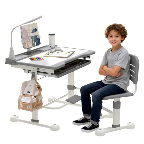Kids Ergonomic Height Adjustable Study Desk and Chair Set with LED Lamp
