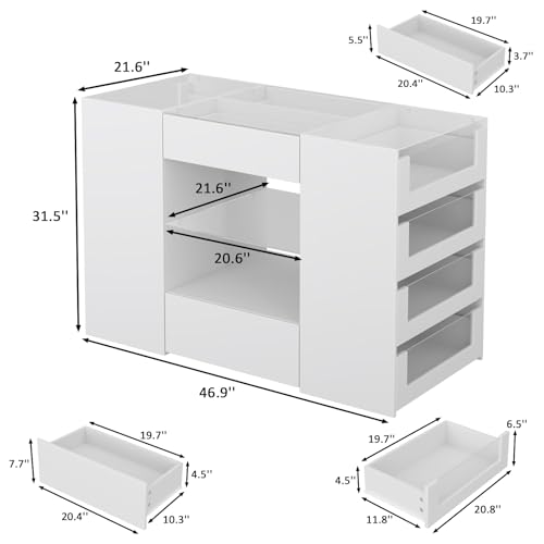 12-Drawer Closet Island with Glass Top and Display Shelves, White