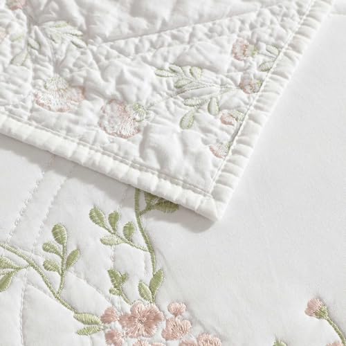 Full/Queen Floral Embroidered Cotton Quilt Set with Matching Shams - Pink