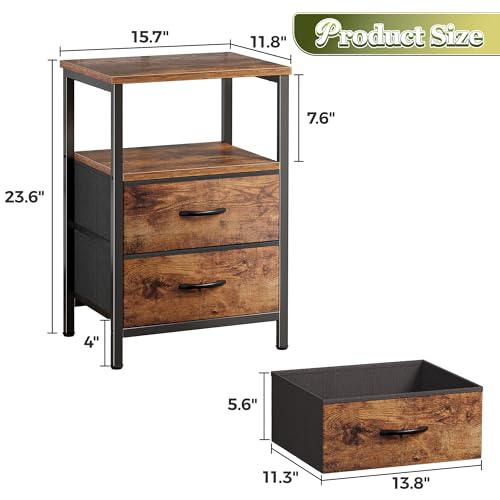 2-Drawer Nightstand Set with Open Shelf and Steel Frame, Rustic Brown