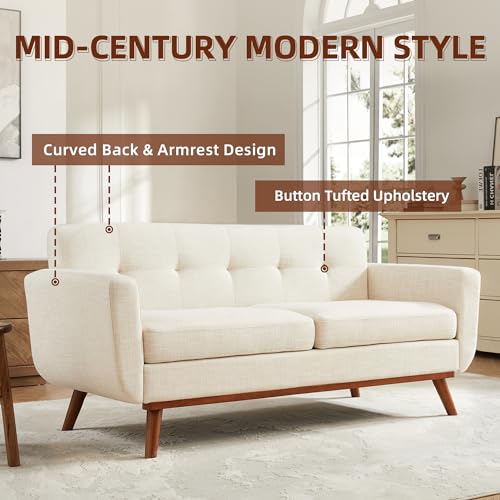 Mid-Century Modern Loveseat Sofa, 65-Inch Upholstered Small Couch, Beige