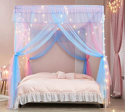 Rainbow Canopy Bed Curtains with Lights - Princess Bed Netting, Full Size