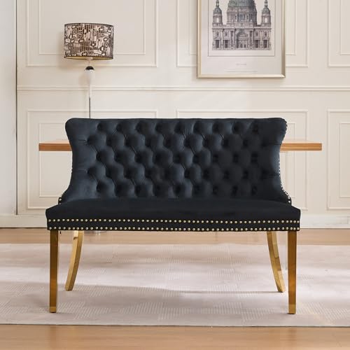 Velvet Upholstered Dining Bench with Back, 46-inch Tufted Loveseat with Gold Legs