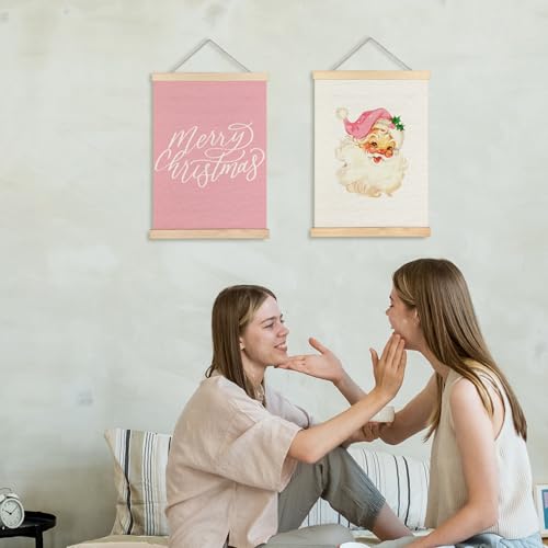 Supwhd Pink Santa Christmas Wall Art Set of 2 - Retro Holiday Decor, 12x16 Inches with Wooden Poster Hangers