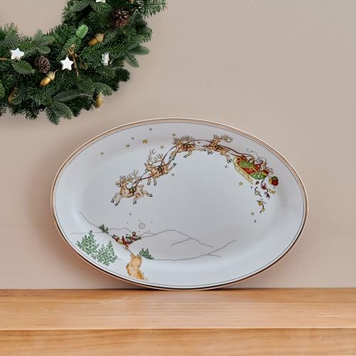 Fitz and Floyd St. Nicholas 17 Inch Gold Banded Holiday Serving Platter - Festive Santa Design
