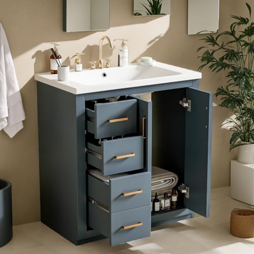 30-Inch Bathroom Vanity with Ceramic Sink, Blue Freestanding Storage Cabinet
