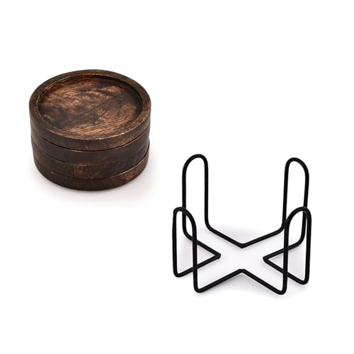 Mango Wood Drink Coasters Set with Iron Holder - 4 Pieces, Tabletop Protection