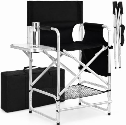 Folding Director's Makeup Chair with Side Table, Footrest, and Storage Pockets