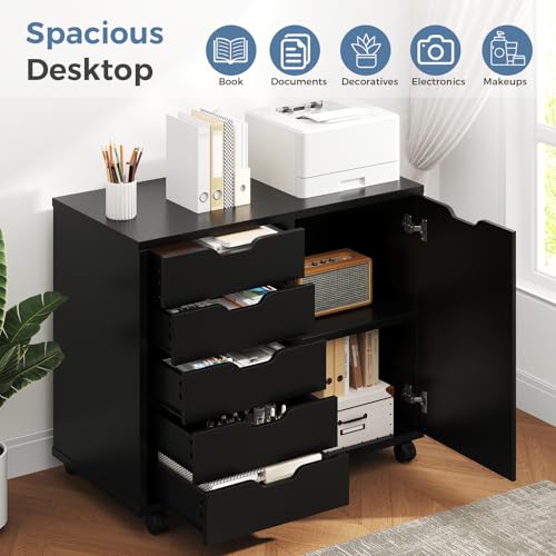 5-Drawer Mobile File Cabinet & Printer Stand with Adjustable Shelf, Black