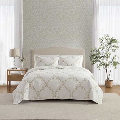 Full/Queen Floral Embroidered Cotton Quilt Set with Matching Shams - Pink