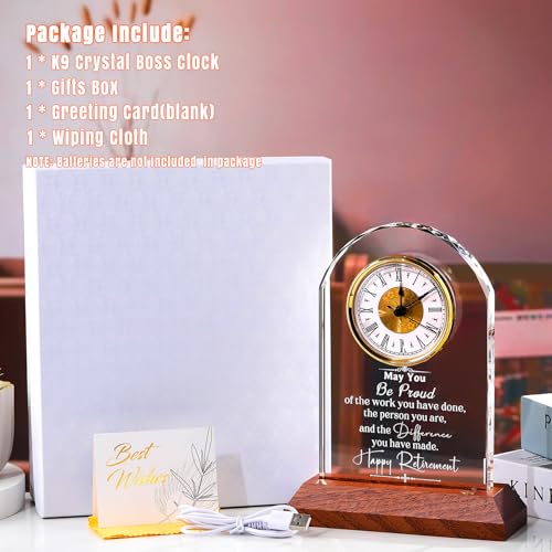 Engraved Crystal Retirement Clock with LED Wooden Light Base Gift