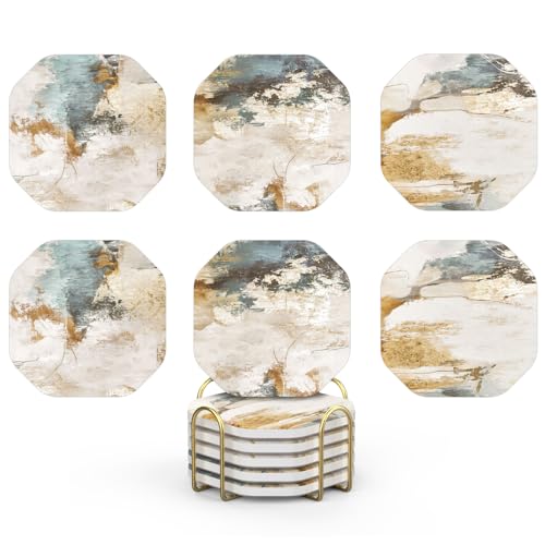 Morning Patina Teal Beige Ceramic Coasters Set of 6 with Holder - Absorbent & Non-Slip