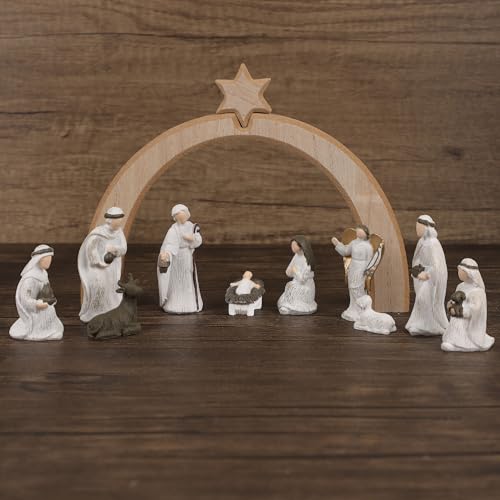 11-Piece Christmas Nativity Set with Wooden Arched Stable & Resin Figurines