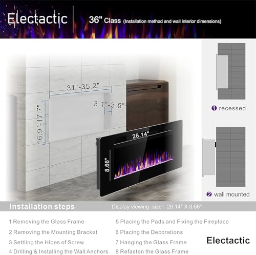 36-Inch Electric Fireplace Insert Recessed and Wall-Mounted Heater