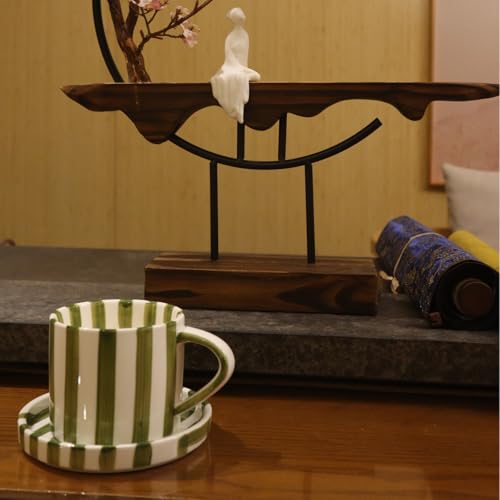 Green 8oz Ceramic Coffee Mug with Saucer – Hand-Painted Striped Espresso Cup