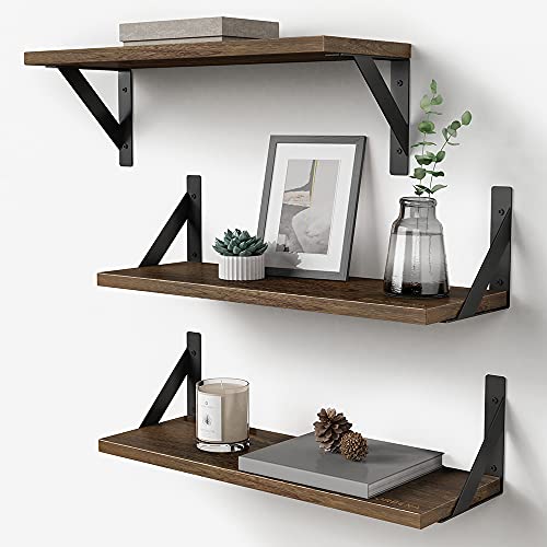 Rustic Floating Wall Shelves - 17 Inch Wood Bookshelf Set of 3