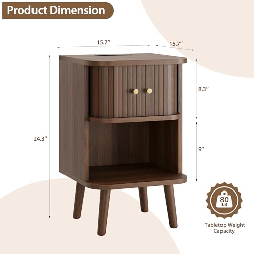 Fluted Nightstand Set of 2 with Charging Station, Walnut Bedside Tables
