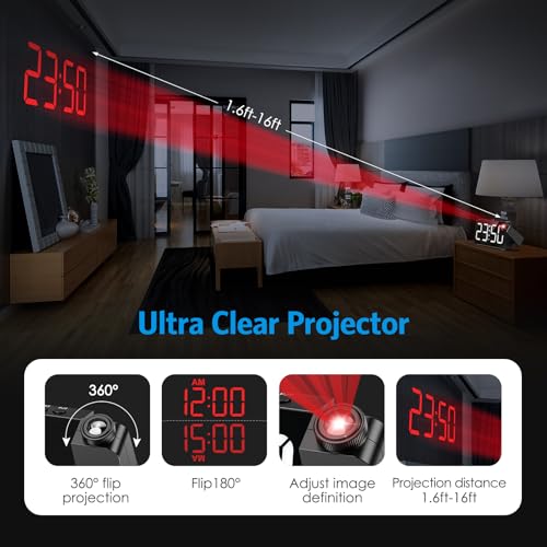 Digital Projection Alarm Clock with 180° Projector and LED Display