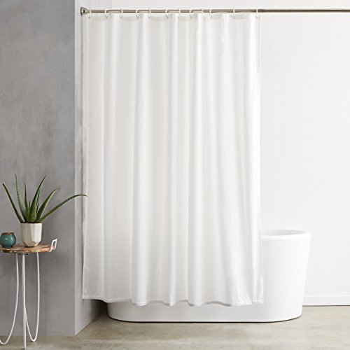 Amazon Basics Water Repellent Fabric Shower Curtain with Hooks, 72"x72" White