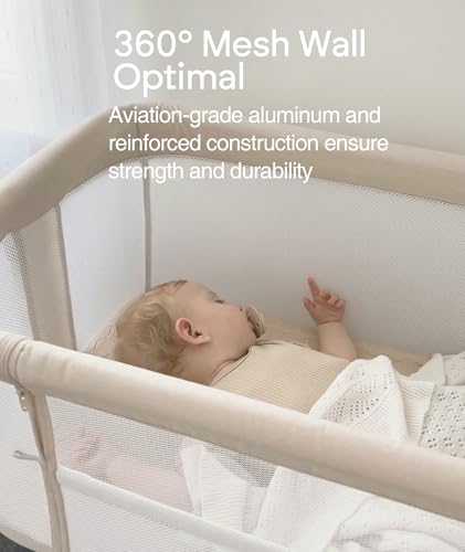 Adjustable Bedside Bassinet with Breathable Mesh and Wheels, Beige