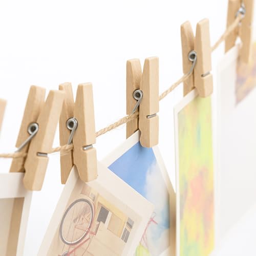 100 Pcs Mini Wooden Clothespins with Jute Twine for Photo Displays