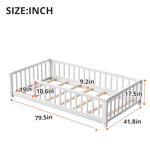 Twin Size Montessori Floor Bed with Safety Guardrails, Solid Wood Frame