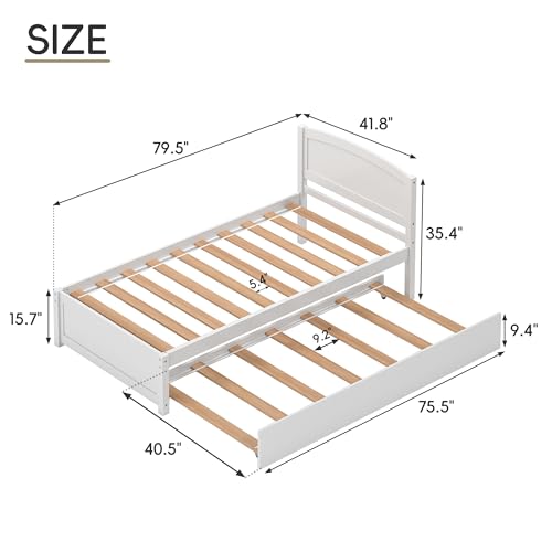 Twin Size Wooden Trundle Bed Frame with Pull-Out Bed - White