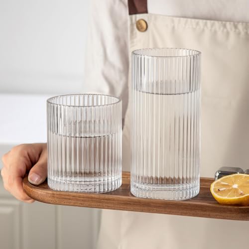 Lumkit 8PCS Clear Ribbed Drinking Glasses Set – 10oz & 12oz Tumblers for Wedding & Party