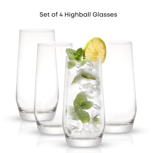 JoyJolt Gwen 18.5 oz Highball Glasses 4-Pack - Lead-Free Crystal Cocktail & Water Glasses