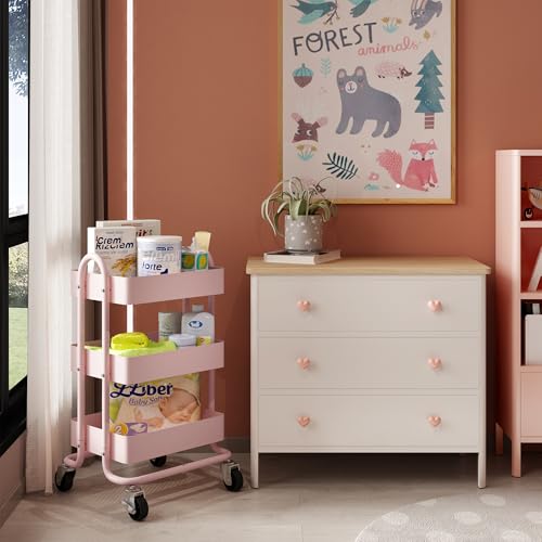 3-Tier Pink Metal Rolling Utility Cart with Wheels - 13.4" x 18.1" x 31"