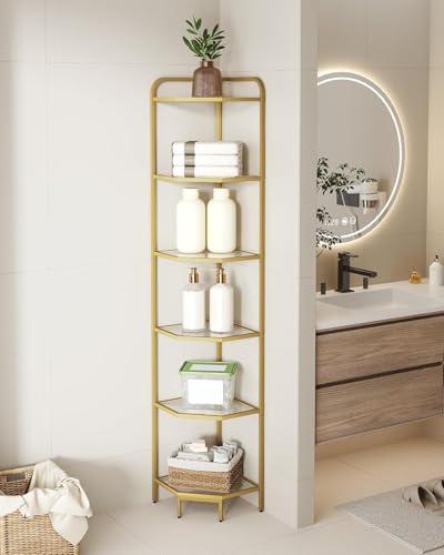6-Tier Corner Shelf with Tempered Glass and Gold Steel Frame