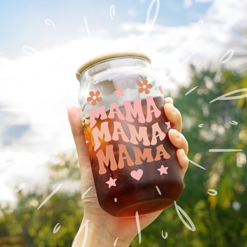 Nurforta C - MAMA 16 Oz Glass Coffee Mug with Leak-Proof Bamboo Lid - Mother's Day Gift