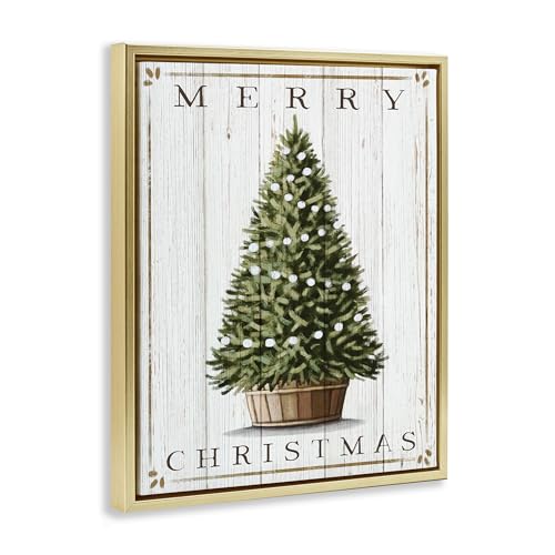 Merry Christmas Country Tree Canvas Wall Art with Gold Floater Frame - 17x21 Inches, V3 Variant