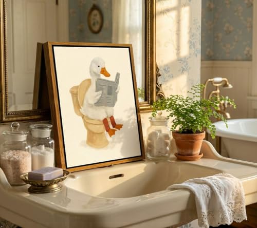 Funny Bathroom Goose Canvas Wall Art - Retro Duck Reading Newspaper Poster 8x10