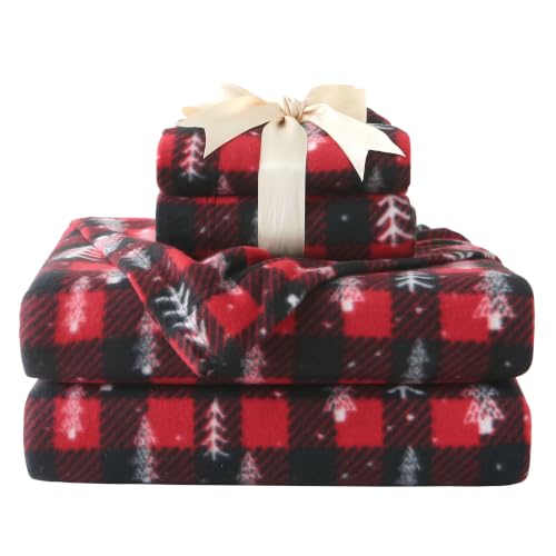 Viviland Christmas Tree Plaid Fleece Sheets Twin Set - Cozy Holiday Bedding, 3 Pieces