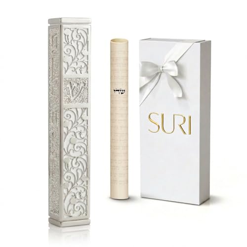 6-Inch Silver and White Mezuzah Case with Scroll and Adhesive Mount