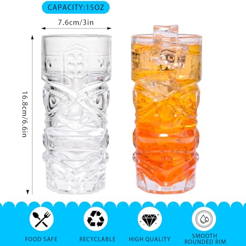 PYVYLO 15oz Set of 6 Tiki Glasses - Clear Glass Cocktail Cups with Tiki Face Design
