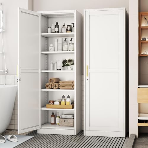 Tall Metal Narrow Storage Cabinet with 5 Shelves and Lockable Doors, 67-Inch
