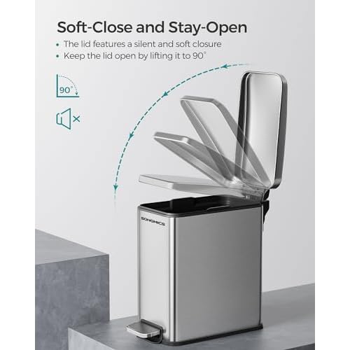 SONGMICS Bathroom Trash Can, 1.3 Gallon (5 L) Small Trash Bin with Lid, Slim for Small Spaces, Stainless Steel Garbage Can, Soft Close, Silver ULTB560E05