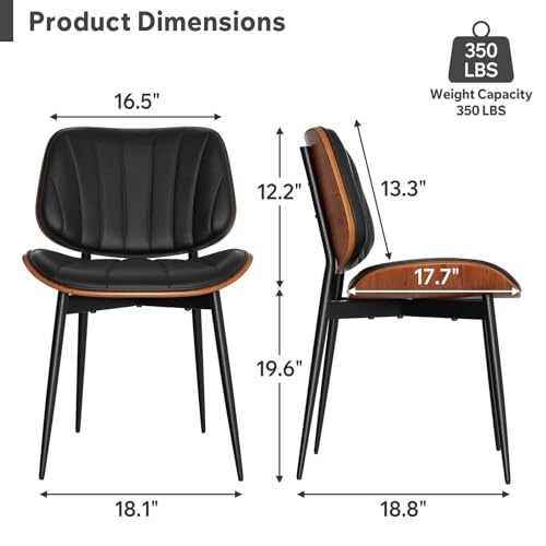 Black Set of 2 Mid Century Modern Dining Chairs - Upholstered Faux Leather & Walnut Bentwood Back, Metal Legs