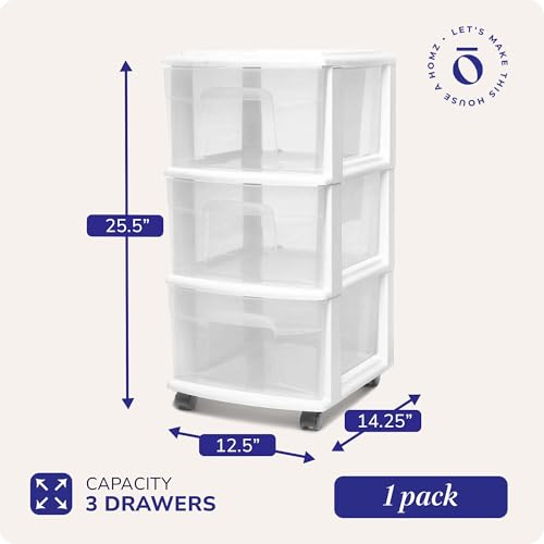 3-Tier Rolling Storage Cart with Clear Plastic Drawers, White Organizer