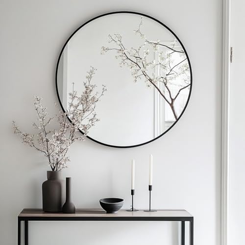 24-Inch Round Wall Mirror, Matte Black Metal Frame for Bathroom and Vanity