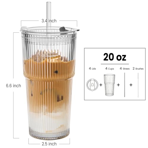 20 oz Ribbed Glass Tumblers with Lids and Straws, 4-Pack Iced Coffee Cups