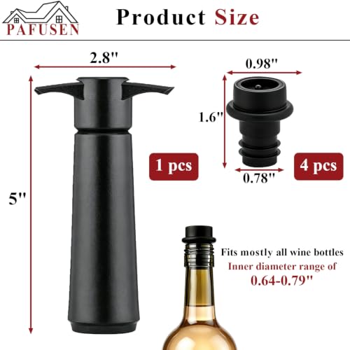 Pafusen Vacuum Wine Stopper Set with Pump, 4 Reusable Stoppers, Black - Keeps Wine Fresh 7 Days