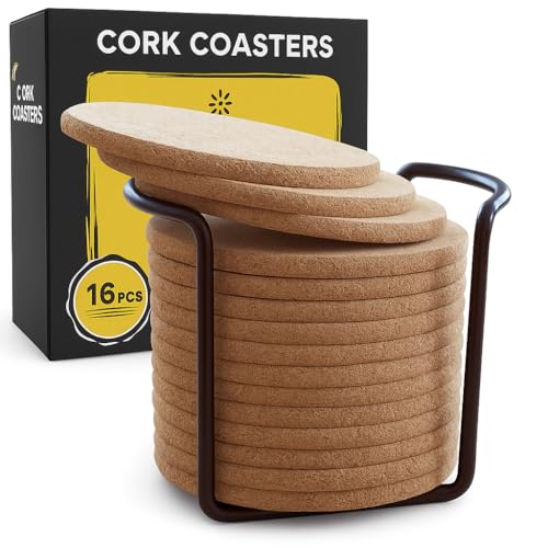 Decopom Cork Coasters Set with Metal Holder - 16 Thick Absorbent 4-inch Drink Coasters for Hot Cold Beverages