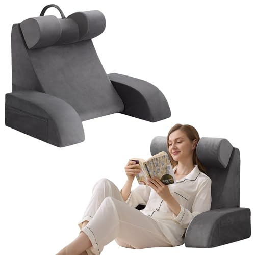 19" Reading Pillow with Back Support and Side Pockets - Grey