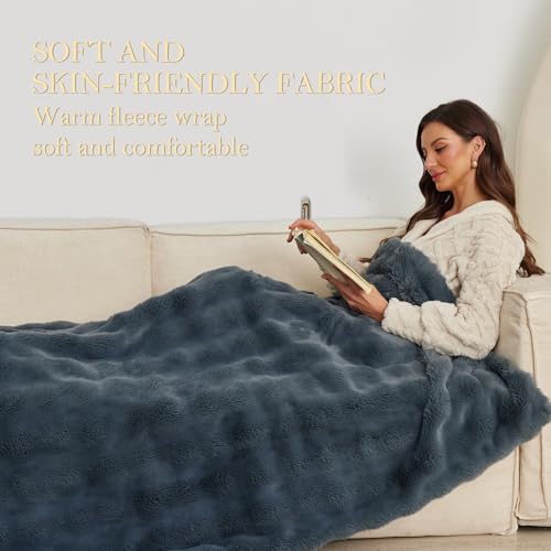 Washable Faux Rabbit Fur Heated Throw Blanket, 51"x63" with 10 Heat Settings