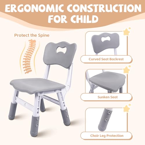 Adjustable Toddler Table and 2 Chairs Set - Wipeable Kids Activity Desk, Grey